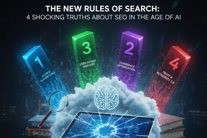 A digital illustration shows a tablet in a futuristic setting with a brain icon emitting light. Four pillars labeled "AI-First Algorithms," "Experience Optimization," "User Intent Mastery," and "Trust & Authority 2.0" rise from the tablet. A magnifying glass and books labeled "Keywords" and "Backlinks" are nearby. Text reads "The New Rules of Search: 4 Shocking Truths About SEO in the Age of AI" and "The Rise of AI: Old Game is Over."