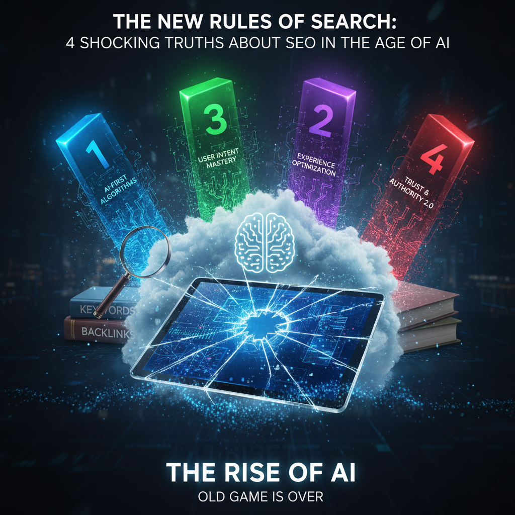 A digital illustration shows a tablet in a futuristic setting with a brain icon emitting light. Four pillars labeled "AI-First Algorithms," "Experience Optimization," "User Intent Mastery," and "Trust & Authority 2.0" rise from the tablet. A magnifying glass and books labeled "Keywords" and "Backlinks" are nearby. Text reads "The New Rules of Search: 4 Shocking Truths About SEO in the Age of AI" and "The Rise of AI: Old Game is Over."