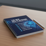 A spiral-bound book titled "The New SEO Playbook" lies on a wooden table beside a white stylus. The cover features a blue digital network design and lists six strategies for SEO: understanding user intent, E-A-T optimization, AI optimization, AI-powered content, technical SEO 2.0, and adaptive strategy.