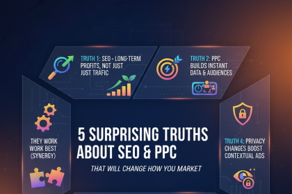 Infographic titled "5 Surprising Truths About SEO & PPC." It includes five sections: 1. Truth 1: SEO leads to long-term profits, illustrated with a target and graph. 2. Truth 2: PPC builds data and audiences, shown with a lightning bolt and graph. 3. Truth 3: Synergy, depicted with gear and puzzle icons. 4. Truth 4: Privacy changes boost ads, illustrated with a shield and eye. 5. Truth 5: AI needs human strategy, shown with a brain and robot arm. Dark background with neon accents.