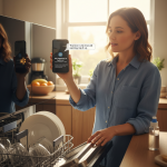 A woman in a blue shirt holds a smartphone displaying an AI app, reading a message about rinse aid. She stands by an open dishwasher filled with dishes. Sunlight filters through a window, and kitchen items are visible in the background.