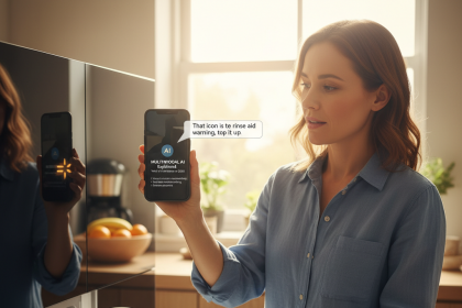 A woman in a blue shirt holds a smartphone displaying an AI app, reading a message about rinse aid. She stands by an open dishwasher filled with dishes. Sunlight filters through a window, and kitchen items are visible in the background.