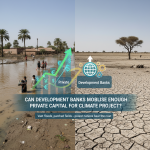 Split image with left side showing people wading through floodwater with palm trees and houses; right side shows cracked, dry earth with a lone tree. Overlay features upward arrows labeled "Private" with currency symbols and "Development Banks" with a globe and gears. Text reads "Can development banks mobilize enough private capital for climate project? Vast floods, parched fields – poorer nations bear the cost."