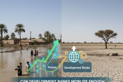 Split image with left side showing people wading through floodwater with palm trees and houses; right side shows cracked, dry earth with a lone tree. Overlay features upward arrows labeled "Private" with currency symbols and "Development Banks" with a globe and gears. Text reads "Can development banks mobilize enough private capital for climate project? Vast floods, parched fields – poorer nations bear the cost."