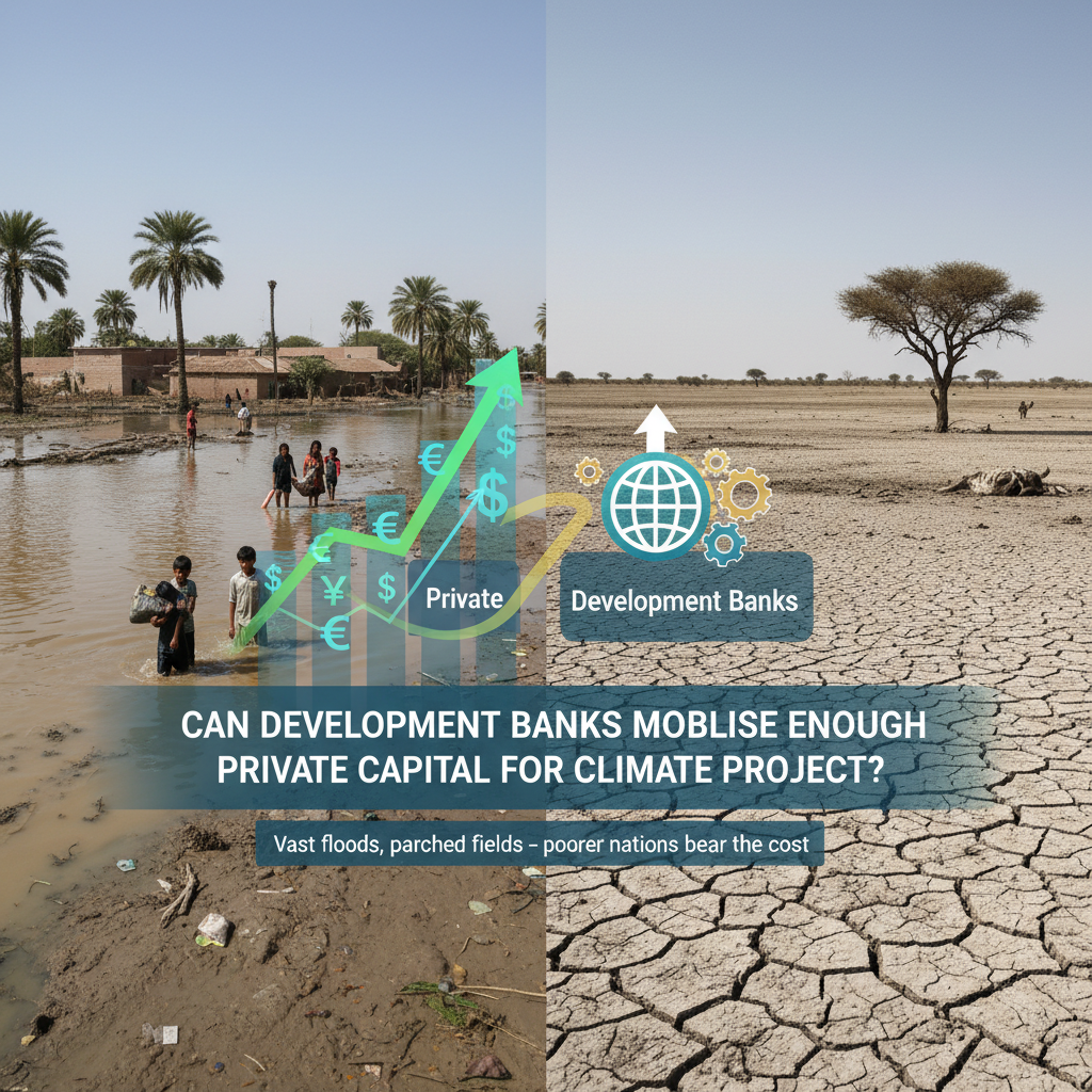 Split image with left side showing people wading through floodwater with palm trees and houses; right side shows cracked, dry earth with a lone tree. Overlay features upward arrows labeled "Private" with currency symbols and "Development Banks" with a globe and gears. Text reads "Can development banks mobilize enough private capital for climate project? Vast floods, parched fields – poorer nations bear the cost."