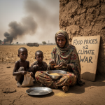 A woman in patterned clothing sits on the ground, sifting grains into a metal bowl, with two children beside her holding a sack. A cardboard sign reads "Food Prices x2 Climate War." In the background, smoke rises near a truck in a dry field.