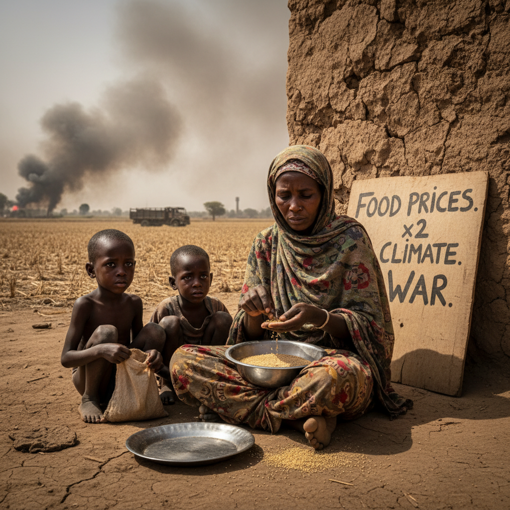 A woman in patterned clothing sits on the ground, sifting grains into a metal bowl, with two children beside her holding a sack. A cardboard sign reads "Food Prices x2 Climate War." In the background, smoke rises near a truck in a dry field.