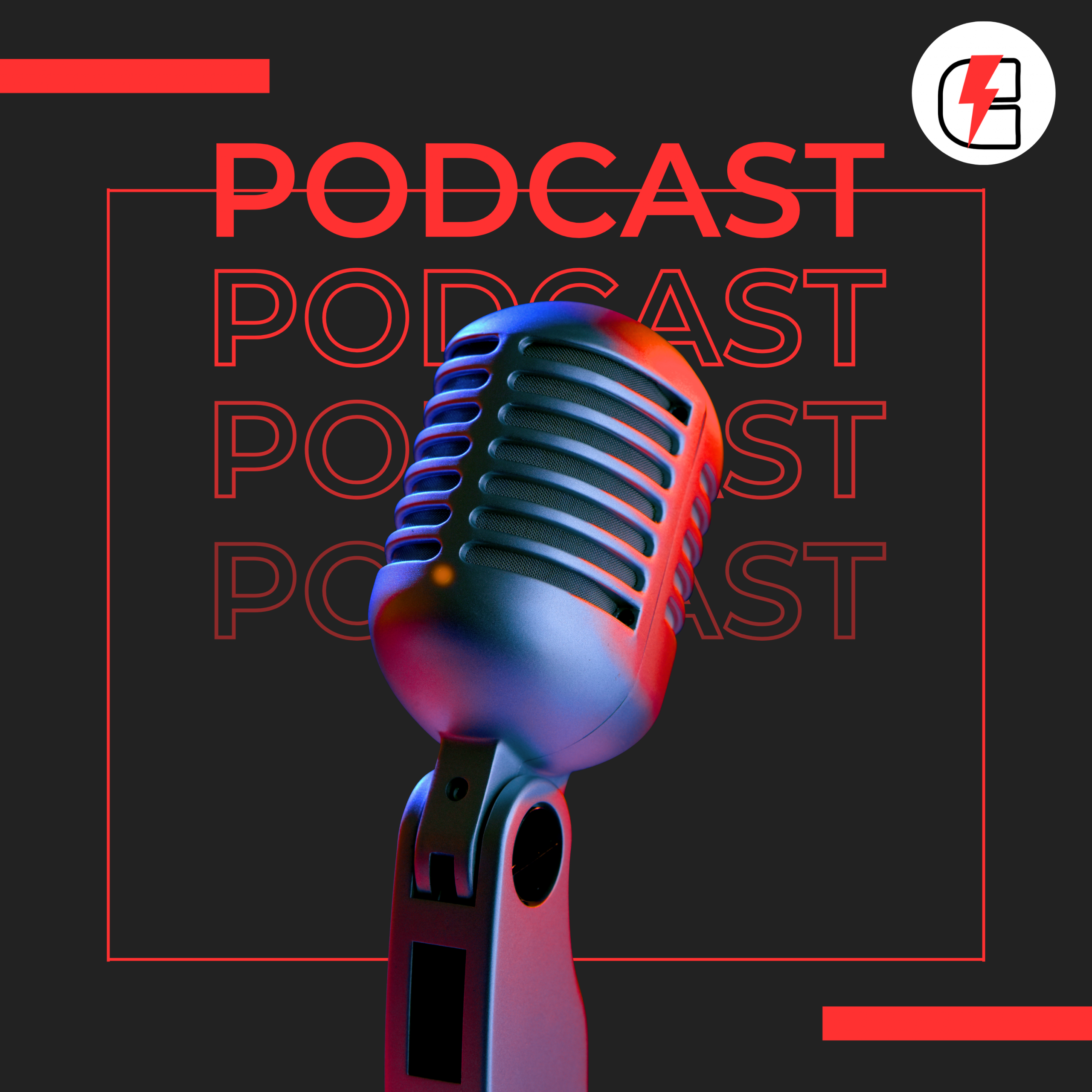 A vintage-style microphone with blue and red lighting on a black background. The word "PODCAST" is repeated in bold red text. A logo with a stylized letter "C" is in the top right corner.
