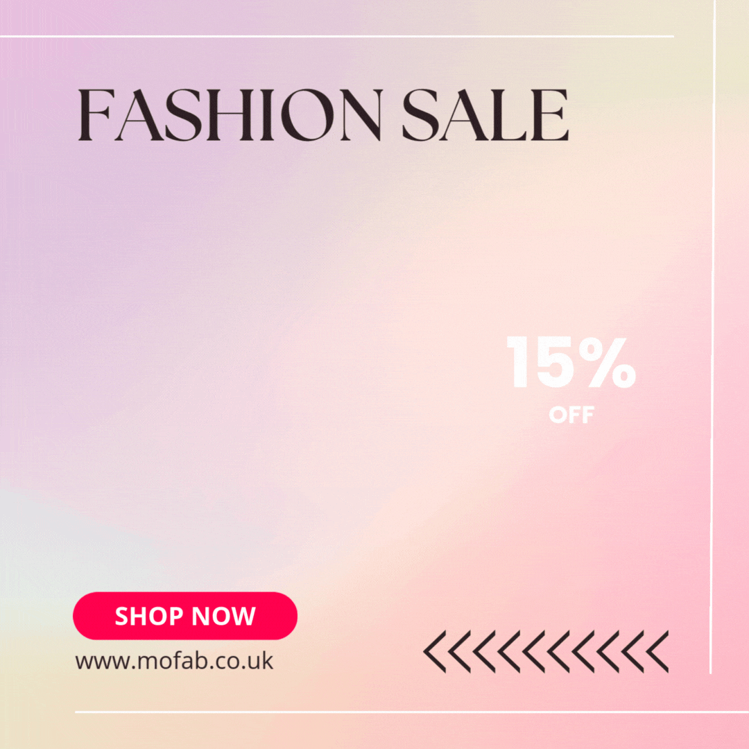 Text reading "FASHION SALE" on a pastel gradient background. "15% OFF" in white, with a red "SHOP NOW" button and website URL below.
