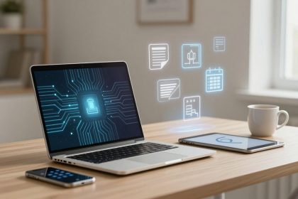 Laptop on a wooden desk with a digital lock screen, surrounded by floating holographic icons. Nearby are a smartphone, tablet, and coffee cup.