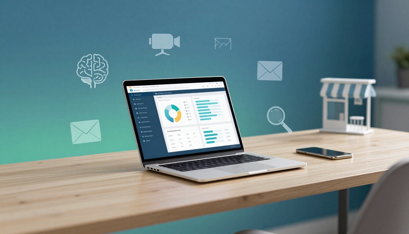 A laptop on a wooden desk displays graphs and charts on the screen. Nearby, a smartphone and a small model of a house are visible. Icons of a brain, video camera, envelope, and magnifying glass float in the background against a blue-green gradient wall.