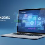 A laptop on a blue gradient background displays digital icons and graphs. Text on the left reads "Discover Insights: SEO & Content Strategy."