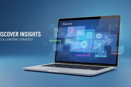 A laptop on a blue gradient background displays digital icons and graphs. Text on the left reads "Discover Insights: SEO & Content Strategy."