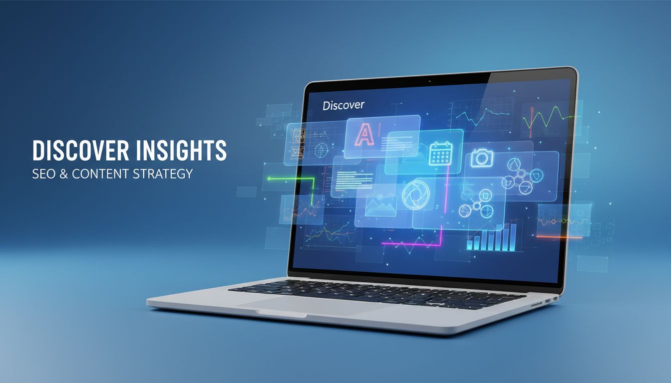 A laptop on a blue gradient background displays digital icons and graphs. Text on the left reads "Discover Insights: SEO & Content Strategy."