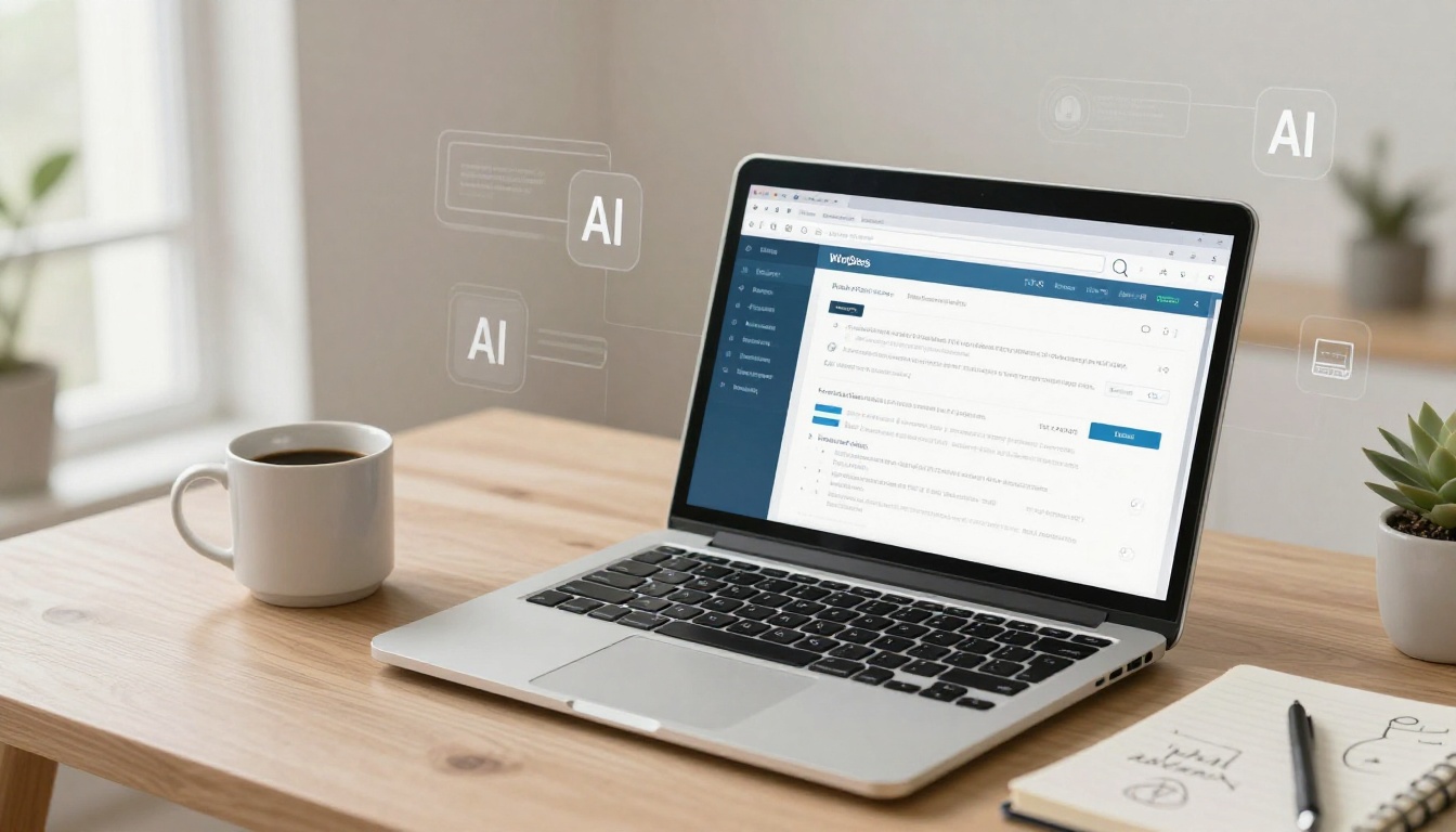 Laptop displaying a website interface on a wooden desk, surrounded by a coffee cup, notebook, pen, and small plant. Floating "AI" icons are visible.