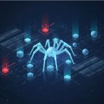 A digital spider made of glowing lines navigates a network of blue cubes and spheres on a dark background. Red "blocked" alerts are visible.