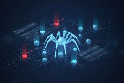 A digital spider made of glowing lines navigates a network of blue cubes and spheres on a dark background. Red "blocked" alerts are visible.