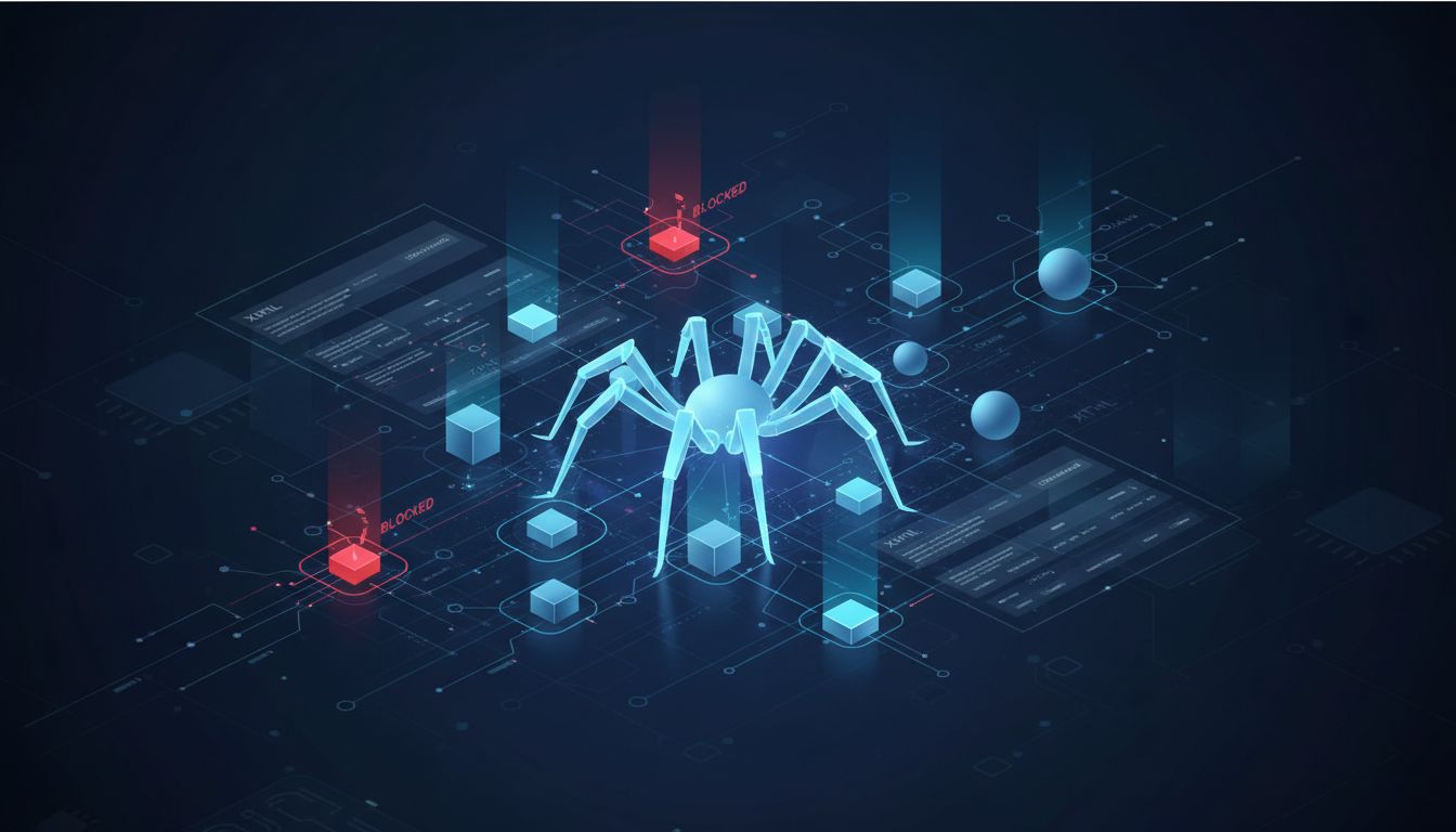 A digital spider made of glowing lines navigates a network of blue cubes and spheres on a dark background. Red "blocked" alerts are visible.