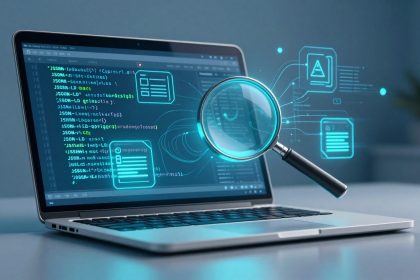 Laptop displaying code, floating digital graphics, and a large magnifying glass icon, suggesting data analysis in a blue-toned room.