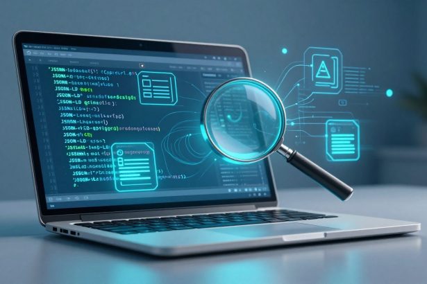 Laptop displaying code, floating digital graphics, and a large magnifying glass icon, suggesting data analysis in a blue-toned room.