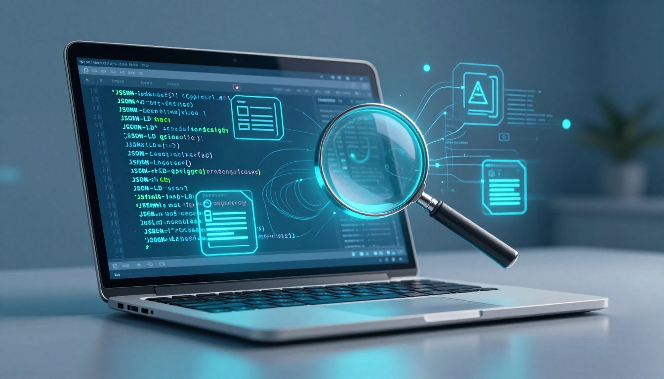 Laptop displaying code, floating digital graphics, and a large magnifying glass icon, suggesting data analysis in a blue-toned room.