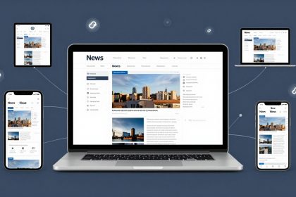 A laptop displaying a news website is centrally placed, surrounded by a tablet, two smartphones, and another laptop, all showing the same website. The background is blue, and lines connect the devices, indicating connectivity.