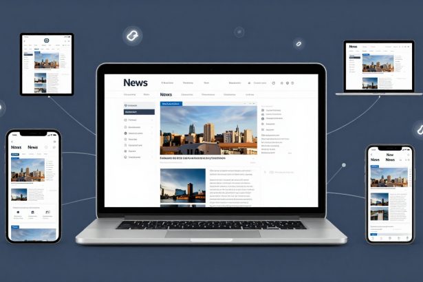 A laptop displaying a news website is centrally placed, surrounded by a tablet, two smartphones, and another laptop, all showing the same website. The background is blue, and lines connect the devices, indicating connectivity.
