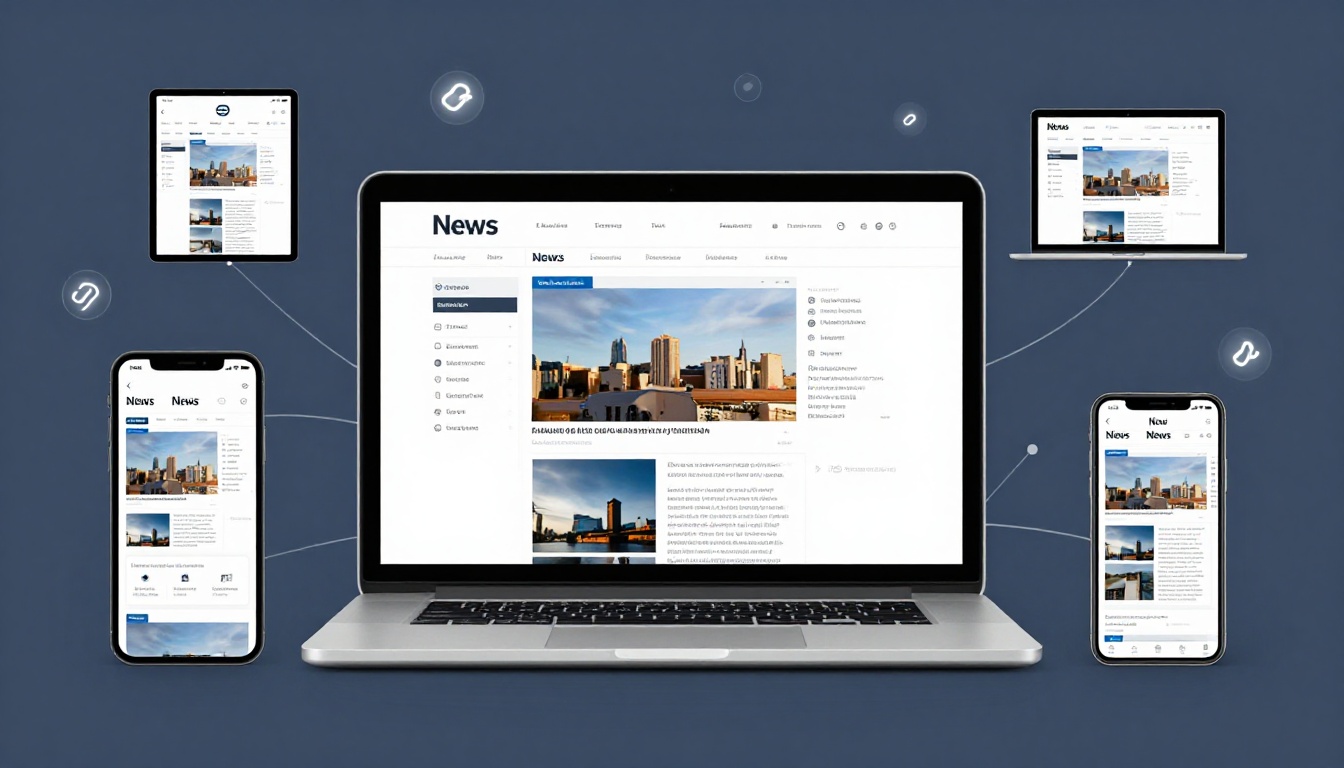 A laptop displaying a news website is centrally placed, surrounded by a tablet, two smartphones, and another laptop, all showing the same website. The background is blue, and lines connect the devices, indicating connectivity.