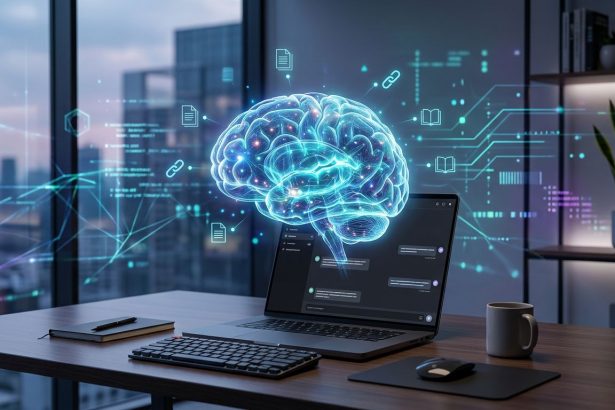 A digital brain hologram appears above a laptop on a desk, surrounded by floating icons of documents and books. The scene is set in a modern office with large windows and a potted plant.