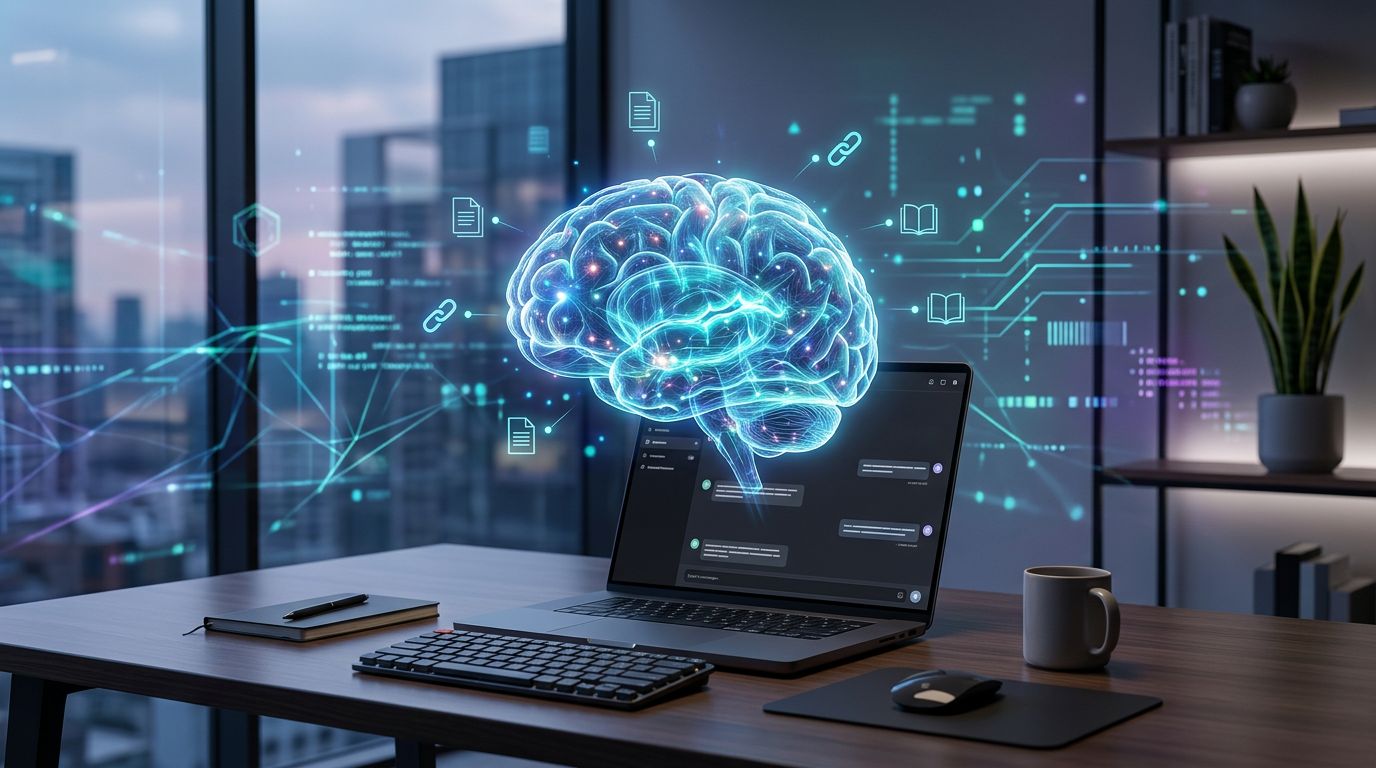 A digital brain hologram appears above a laptop on a desk, surrounded by floating icons of documents and books. The scene is set in a modern office with large windows and a potted plant.