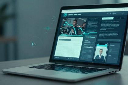 A laptop on a desk displays a news website with a video of a man in a suit. The interface includes graphs, text, and a smartphone mockup. The screen emits a blue glow with digital elements floating around it.