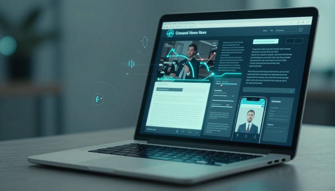 A laptop on a desk displays a news website with a video of a man in a suit. The interface includes graphs, text, and a smartphone mockup. The screen emits a blue glow with digital elements floating around it.