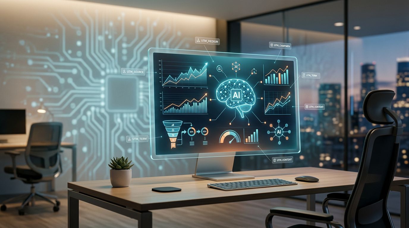 A modern office with a large screen displaying AI and data analytics visuals, including charts and graphs. A desk with a keyboard, mouse, and small plant is in the foreground. The background shows a circuit board pattern on the wall and a cityscape view through large windows.