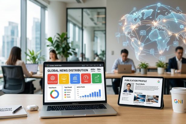 In a modern office, a laptop displays "Global News Distribution" with charts and stats, while a tablet shows a publication profile. Four people work at desks, and a digital world map with city names is on the wall. A coffee cup with "GNI" and a notebook are on the table.