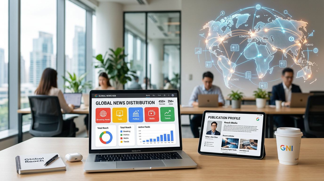In a modern office, a laptop displays "Global News Distribution" with charts and stats, while a tablet shows a publication profile. Four people work at desks, and a digital world map with city names is on the wall. A coffee cup with "GNI" and a notebook are on the table.