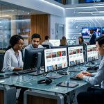 A diverse group of people working at computers in a modern office. Monitors display website content. Walls feature digital maps and circuit patterns. A calendar shows March 2026.