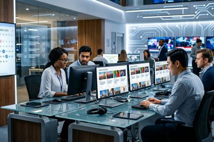 A diverse group of people working at computers in a modern office. Monitors display website content. Walls feature digital maps and circuit patterns. A calendar shows March 2026.