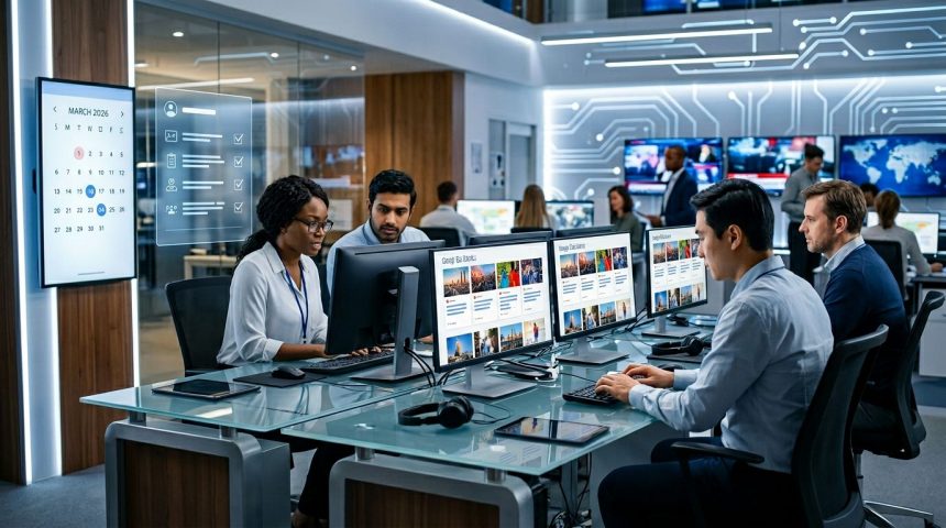 A diverse group of people working at computers in a modern office. Monitors display website content. Walls feature digital maps and circuit patterns. A calendar shows March 2026.