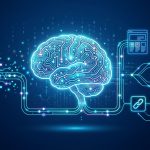 Glowing digital brain with circuit patterns, surrounded by icons representing search, documents, and links, on a dark blue background.