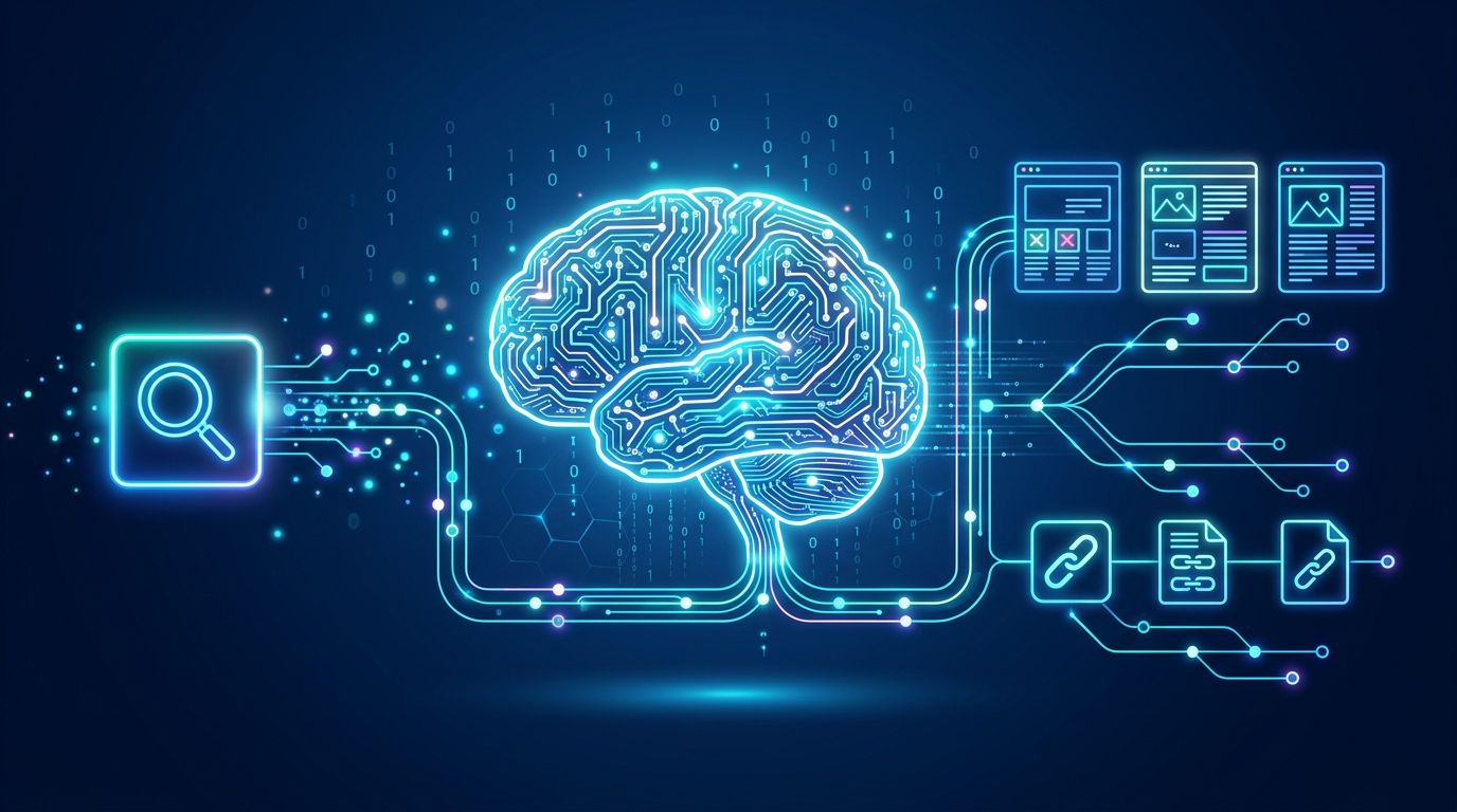 Glowing digital brain with circuit patterns, surrounded by icons representing search, documents, and links, on a dark blue background.