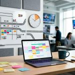 A modern office with people working at desks. A laptop displaying a colorful calendar is on a table with sticky notes, a pen, and a mug. A whiteboard with a complex diagram and a large clock hangs on the wall. Multiple screens show news channels in the background.