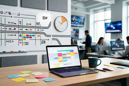 A modern office with people working at desks. A laptop displaying a colorful calendar is on a table with sticky notes, a pen, and a mug. A whiteboard with a complex diagram and a large clock hangs on the wall. Multiple screens show news channels in the background.