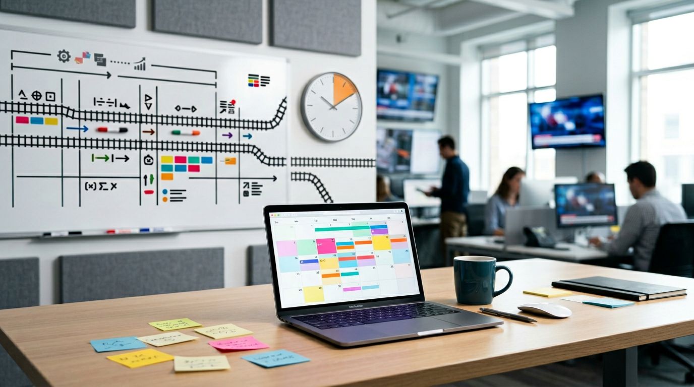 A modern office with people working at desks. A laptop displaying a colorful calendar is on a table with sticky notes, a pen, and a mug. A whiteboard with a complex diagram and a large clock hangs on the wall. Multiple screens show news channels in the background.
