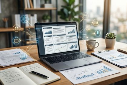 A laptop displaying analytics charts and graphs sits on a wooden desk. Papers with graphs, a notebook, a pen, a coffee cup, and a small plant are nearby. Digital icons are hovering around the laptop, indicating data analysis and communication themes.
