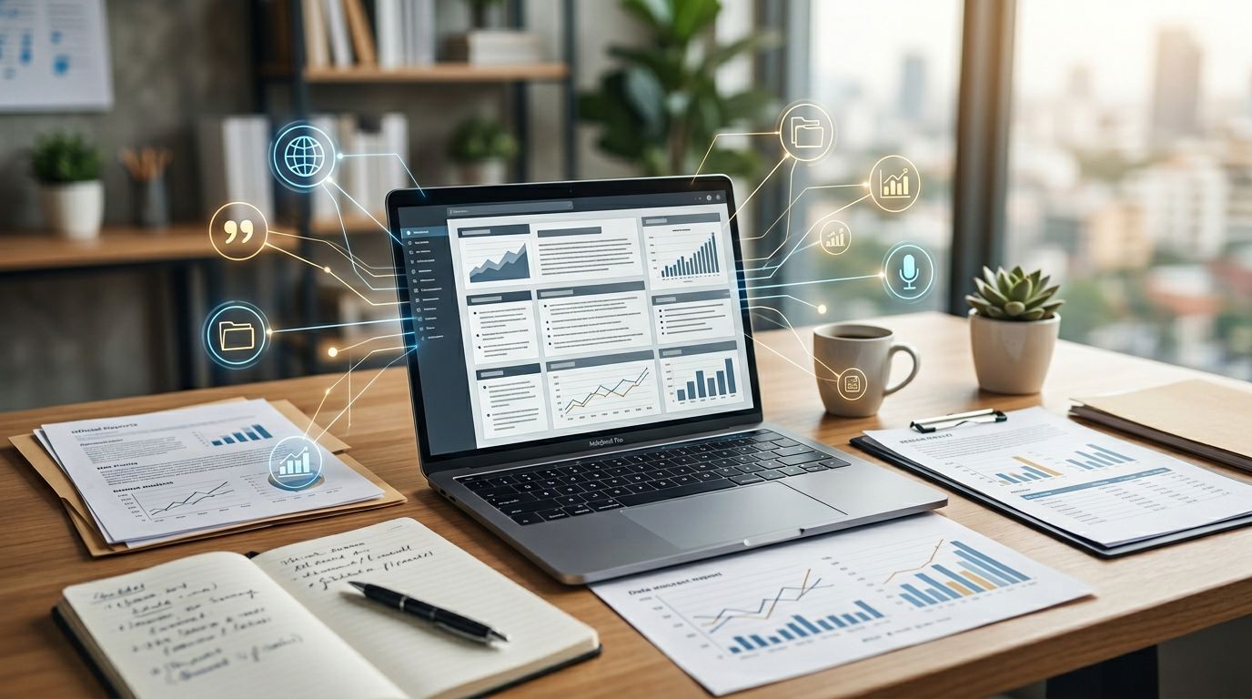 A laptop displaying analytics charts and graphs sits on a wooden desk. Papers with graphs, a notebook, a pen, a coffee cup, and a small plant are nearby. Digital icons are hovering around the laptop, indicating data analysis and communication themes.
