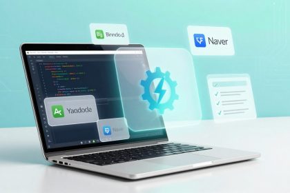 A laptop on a white surface displays code on its screen. Surrounding it are floating icons of various apps, including "Yaodode," "Binnclo," and "Naver," along with a gear symbol and a checklist with green checkmarks. The background is a light blue gradient.