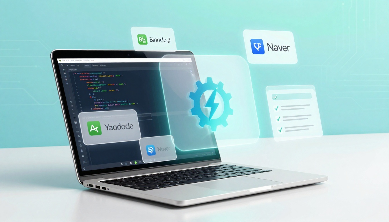 A laptop on a white surface displays code on its screen. Surrounding it are floating icons of various apps, including "Yaodode," "Binnclo," and "Naver," along with a gear symbol and a checklist with green checkmarks. The background is a light blue gradient.