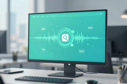 A computer monitor on a desk displays a teal screen with a search icon, SEO text, and waveform graphics. Office setting with blurred background.