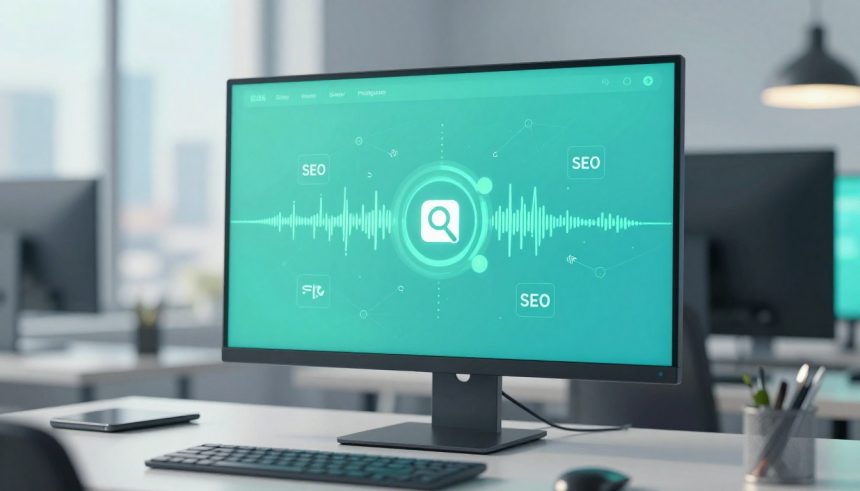 A computer monitor on a desk displays a teal screen with a search icon, SEO text, and waveform graphics. Office setting with blurred background.