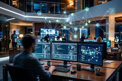 A person sits at a desk with three monitors displaying complex data networks in a modern, glass-walled office. Other people work in the background.